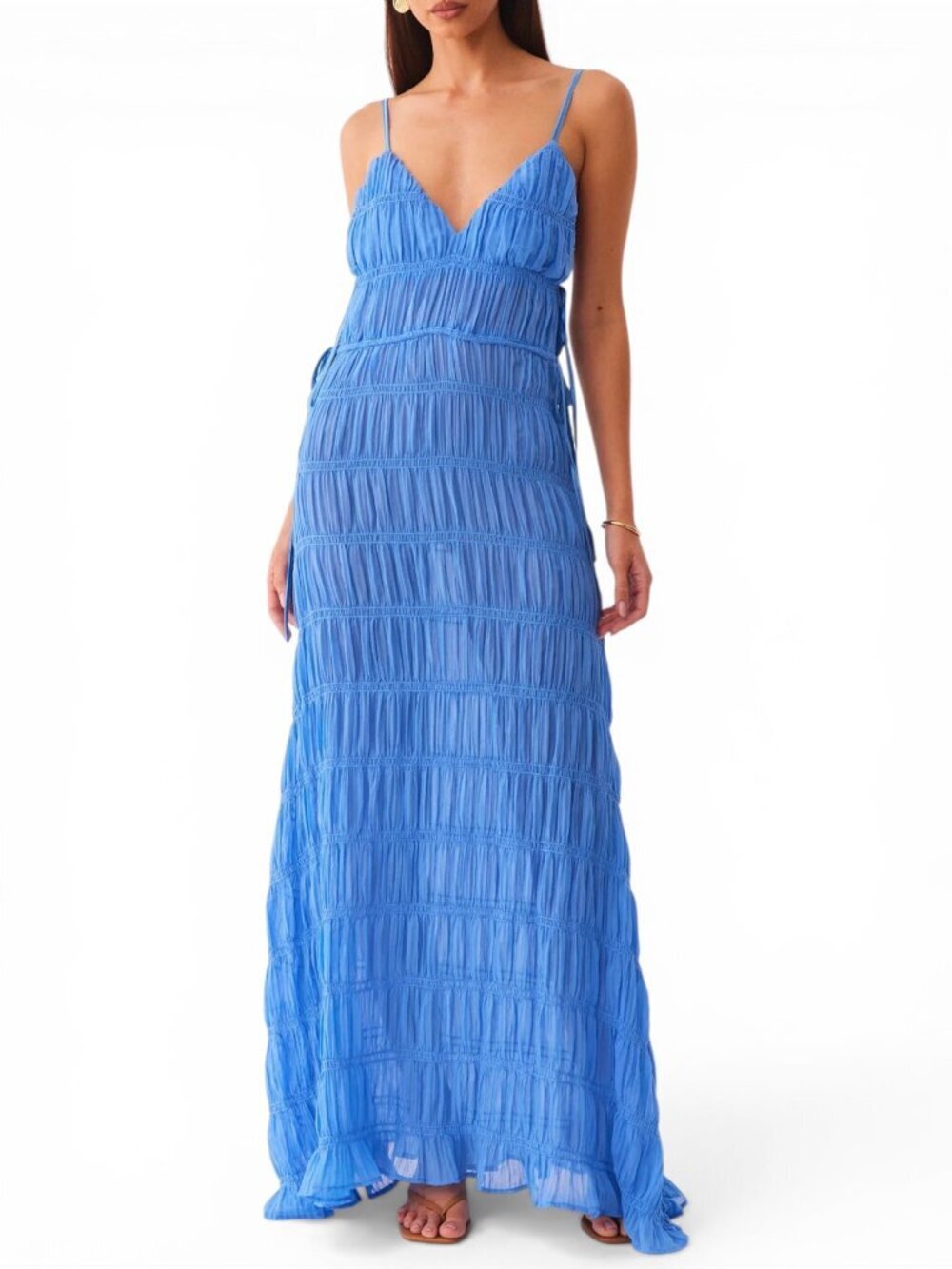 Sndys La Louisiane Long Ruched Side Tie Maxi Dress in Marine Blue Summer M